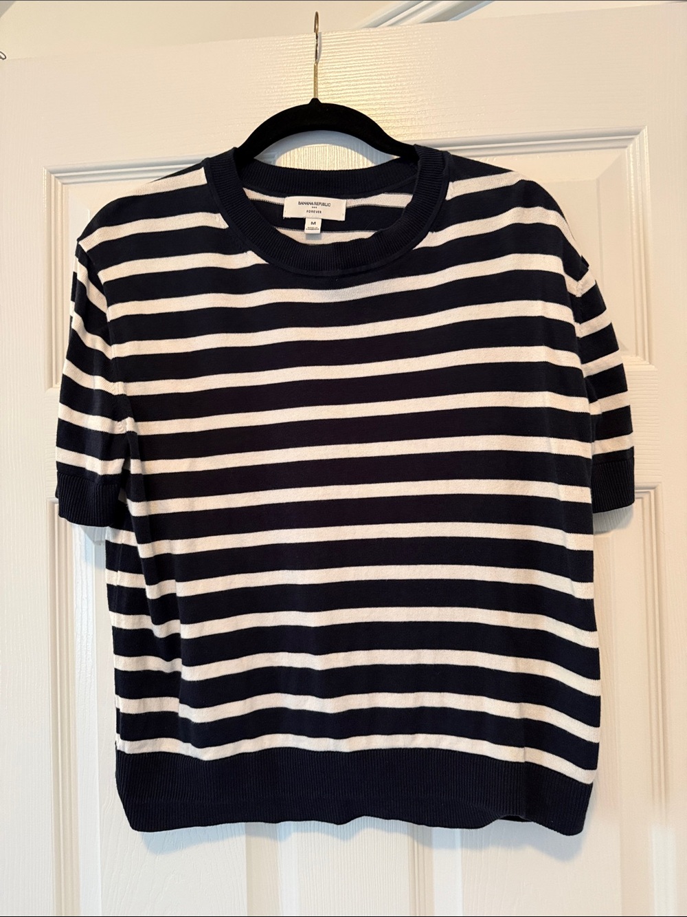Banana Republic Navy and White Striped Short Sleeve Tee